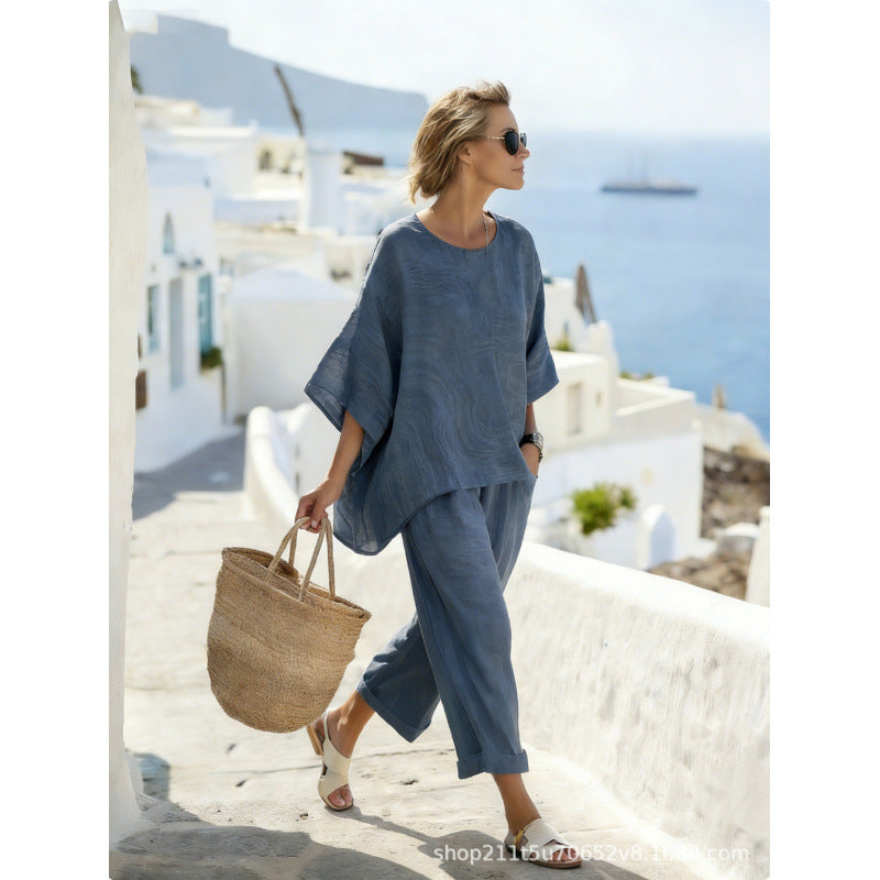 Women's Boho Gradient-Print Batwing Top and Pants Set