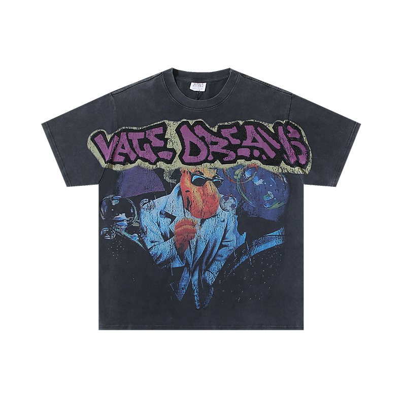VALE USA Washed Black Rhinestone Graphic T-Shirt