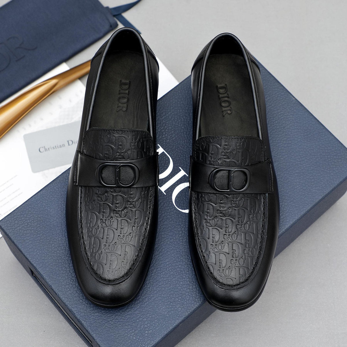 Dior Black Textured Buckle Loafers