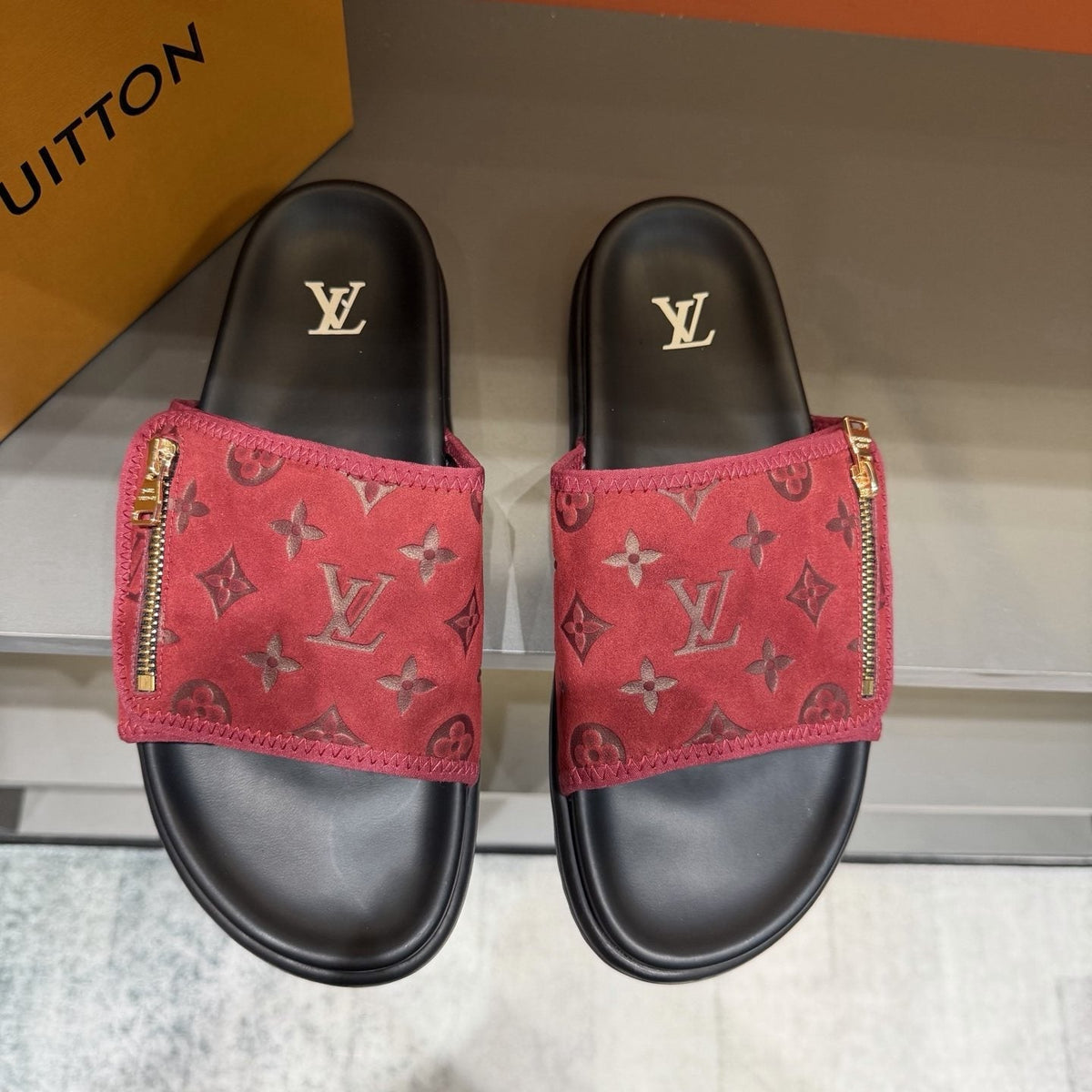 Louis Vuitton Red and Black Zipper Slide Sandals