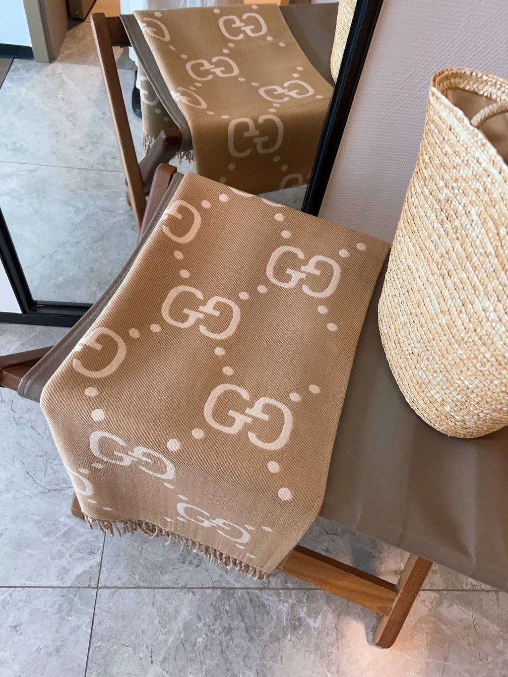 Gucci Tan Cream Motif Fringed Scarf