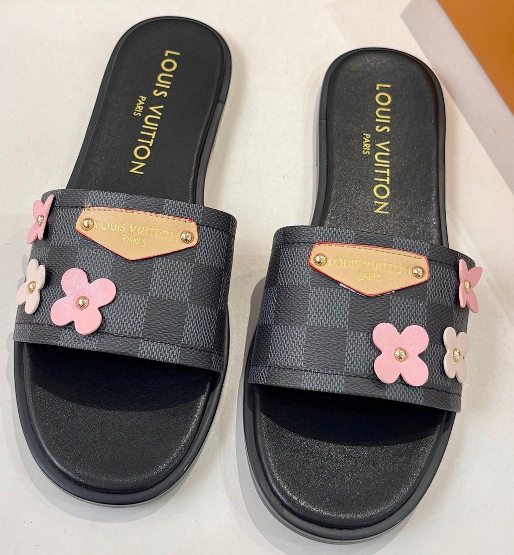 Louis Vuitton Floral Appliqué Slide Sandals