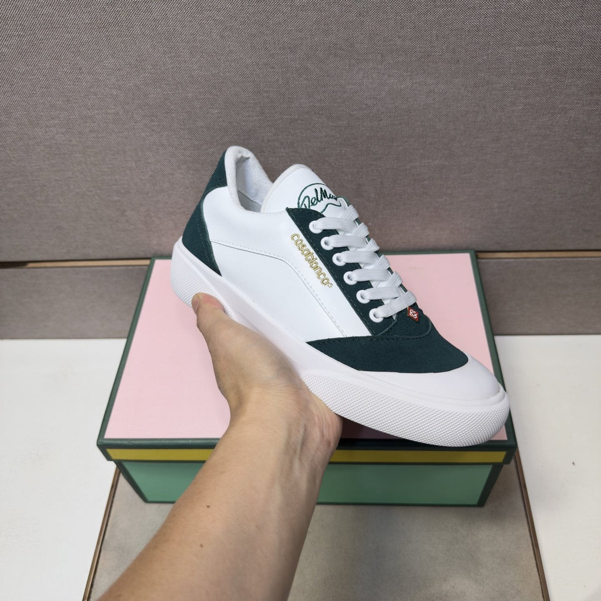 CASA BLANCA Men's White and Dark Green Sneakers