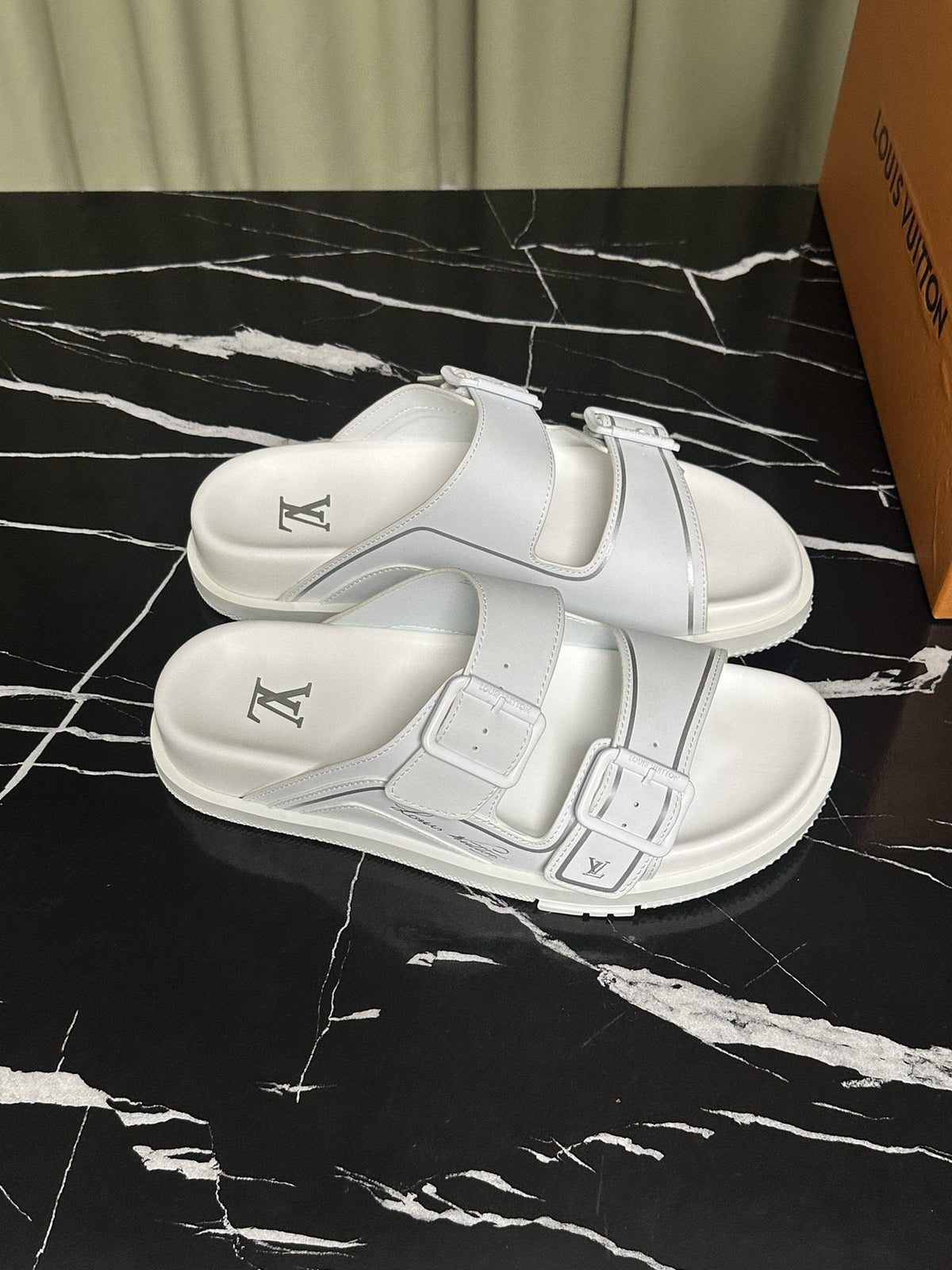 Louis Vuitton Men's White Double-Buckle Slide Sandals