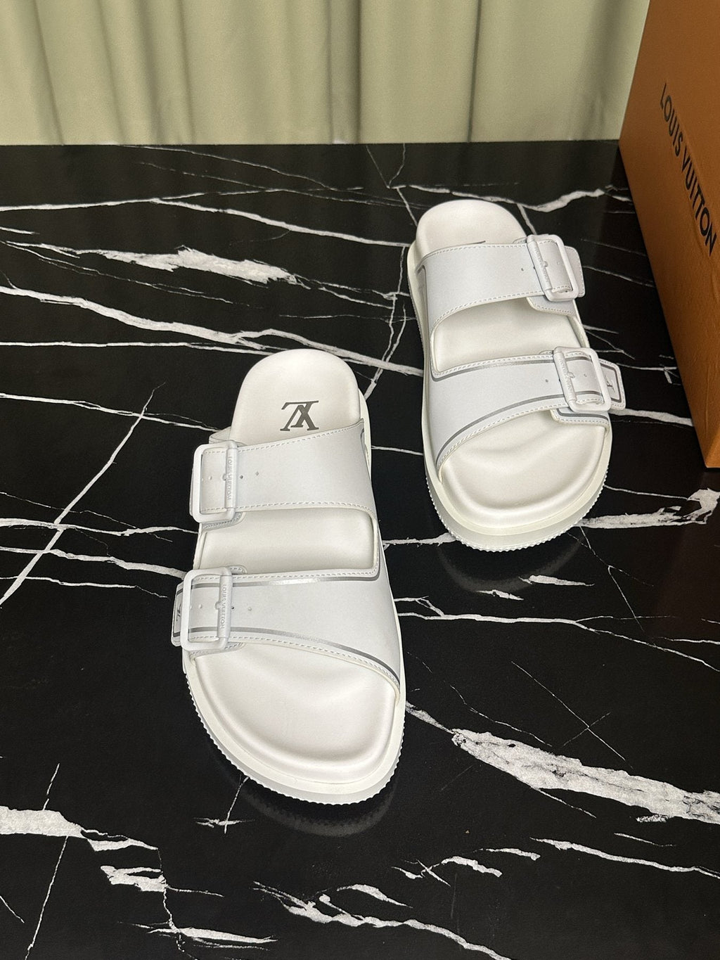 Louis Vuitton Men's White Double-Buckle Slide Sandals