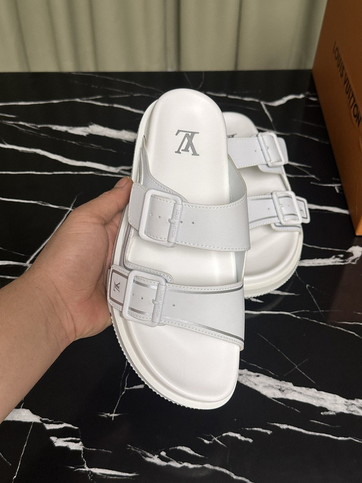 Louis Vuitton Men's White Double-Buckle Slide Sandals