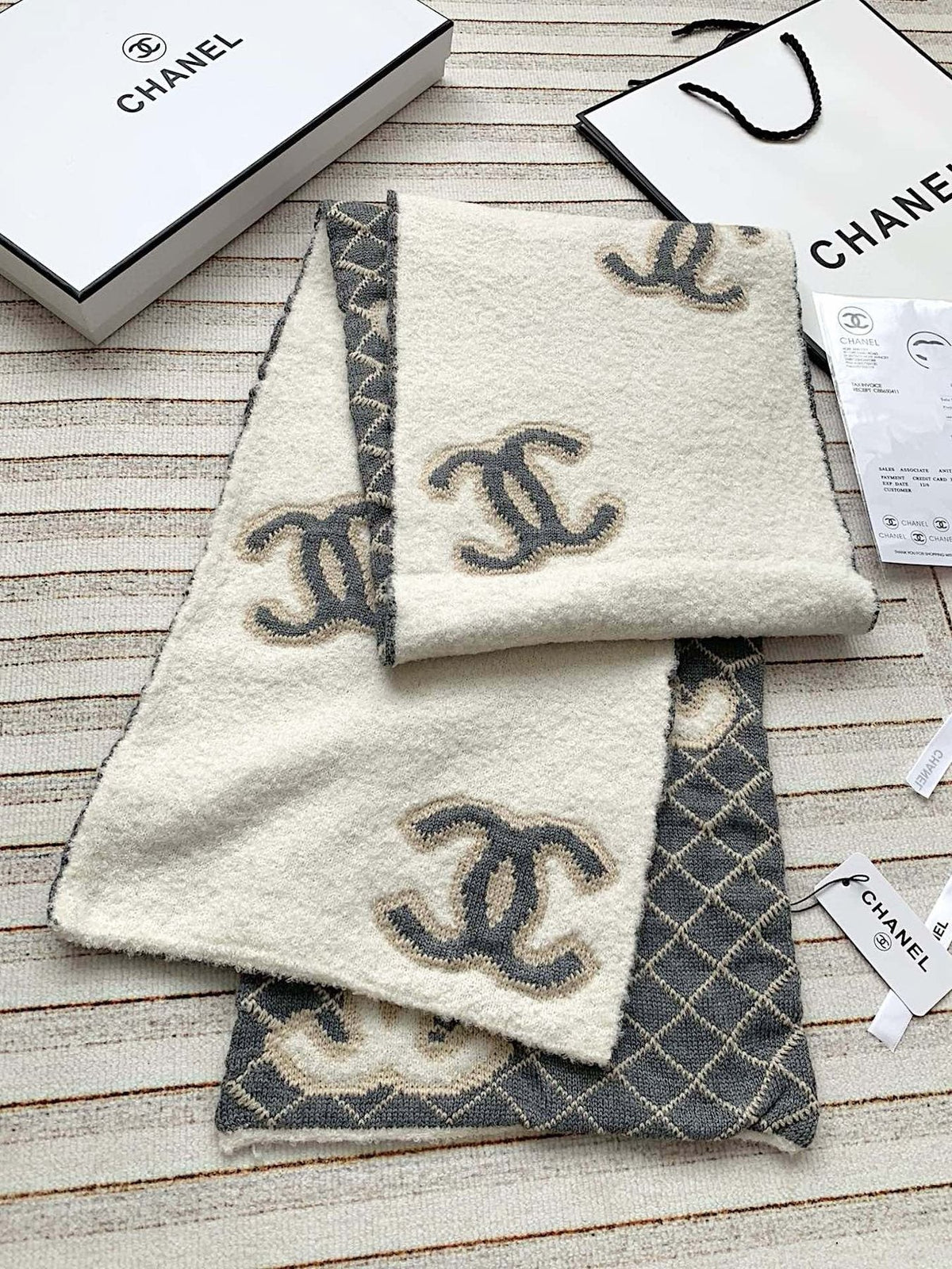 Chanel Gray & Ivory Diamond-Pattern Scarf