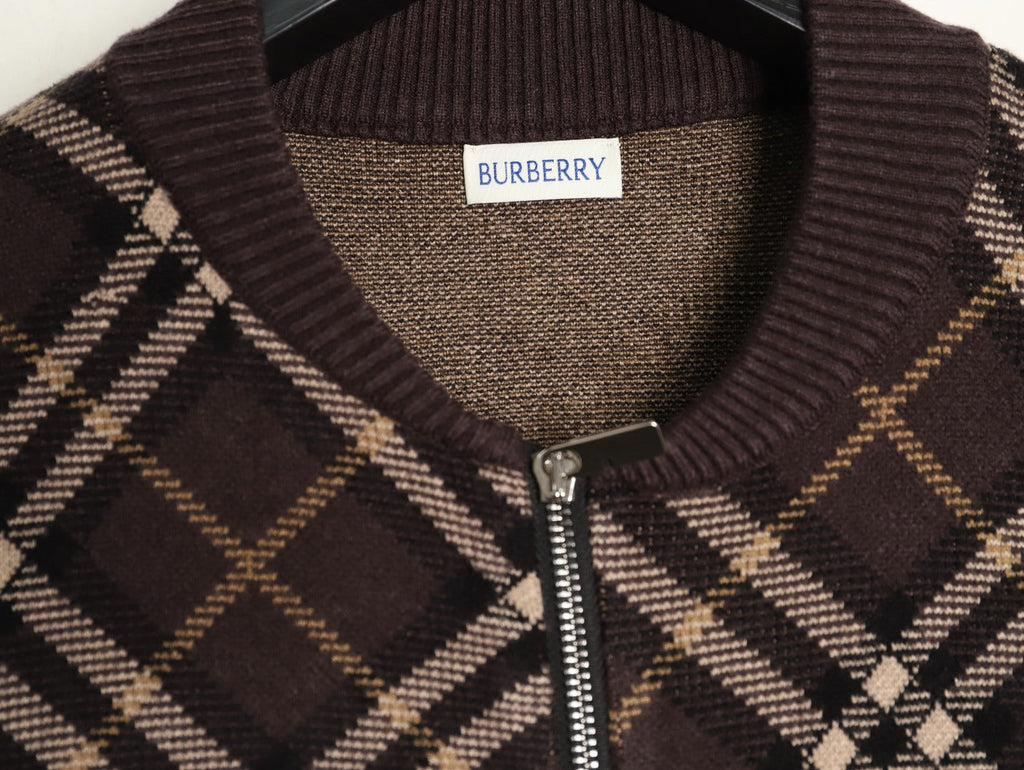 Burberry Diagonal-Check Zip Knit Cardigan - Dark Brown